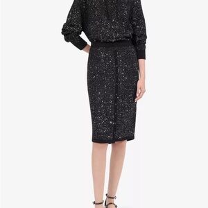 NWT | The Kooples | Black Knit Pencil Midi Skirt | Silver Sequin-Embellished